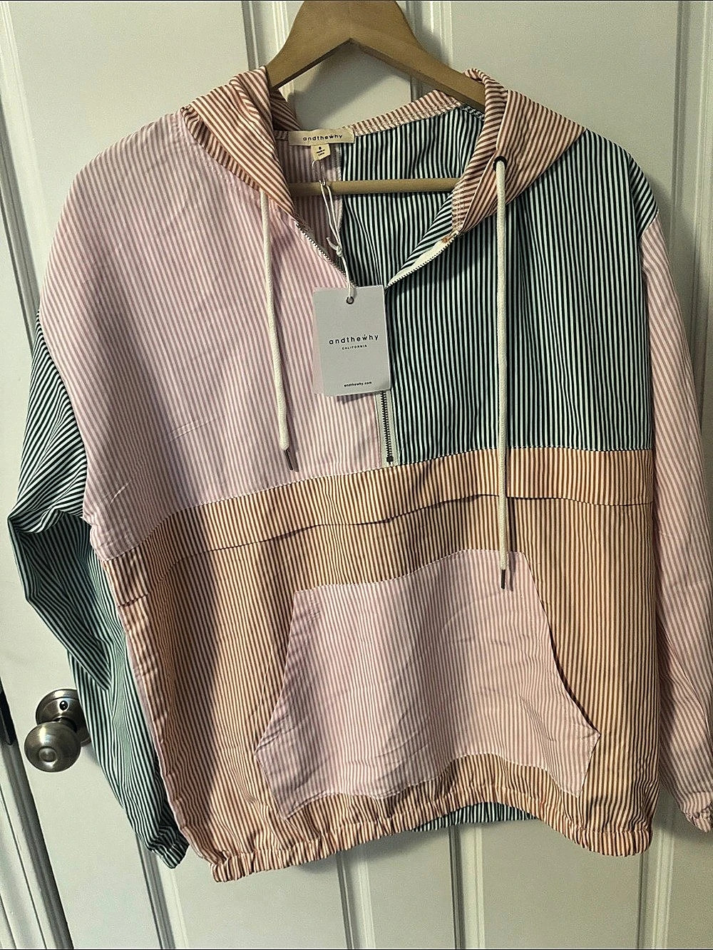 andthewhy Striped Color Block Hoodie Pink & Green Small NWT
